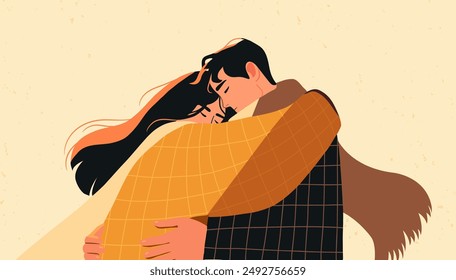 Grief couple hug together. Sad family support. Woman and man love empathy. Depressed loss people. Help care miscarriage female sympathy. Vector illustration in flat style