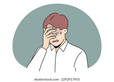 Grief crying and depression concept. Portrait of sad disappointed man touching his face with bad thoughts feeling depressed and unhappy vector illustration