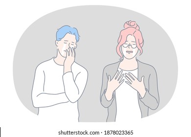 Grief, crying, sadness concept. Young unhappy couple cartoon characters standing and crying together feeling depressed about bad news vector illustration 