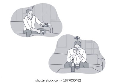 Grief, Depression, alcohol addicted concept. Young unhappy man suffering from depression, drinking alcohol and covering face with hands thinking about bad news vector illustration 