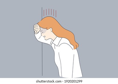 Grief, Depression, negative emotions concept. Stressed crying sad young woman standing near wall with eyes closed feeling grief frustration and emotional crisis vector illustration