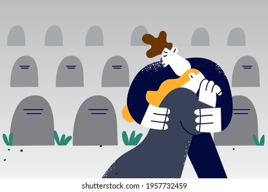 Grief, depression, sorrow concept. Depressed man Husband trying to comfort his wife at graveyard cemetery feeling depressed down sad vector illustration 