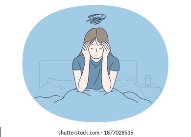 Grief, Depression, tears concept. Small unhappy girl cartoon character sitting in bed and thinking about bad news or feeling lonely unhappy depressed vector illustration 