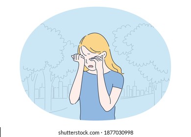 Grief, Depression, tears concept. Small unhappy girl cartoon character standing outdoors and touching eyes while crying and feeling totally depressed with something vector illustration 