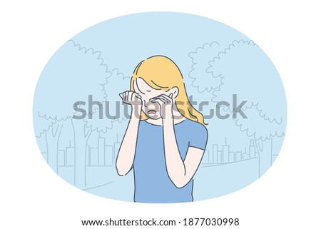Grief, Depression, tears concept. Small unhappy girl cartoon character standing outdoors and touching eyes while crying and feeling totally depressed with something vector illustration 