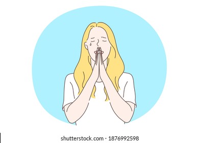 Grief, Depression, tragedy concept. Young unhappy female cartoon character standing with hands crossed in praying and crying of feeling depressed with something vector illustration 