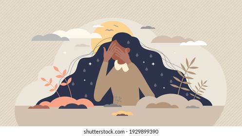 Grief emotion with negative feeling and mental breakdown tiny person concept. Psychological depression, frustration or anxiety about loneliness and loss vector illustration. Female sad and sorrow.