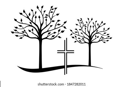 Grief graphic with cross and trees in vector quality.