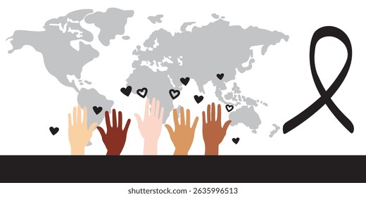 Grief and loss awareness vector with black ribbon and diverse raised hands, symbolizing melanoma support, remembrance, and empathy for memorial occasions