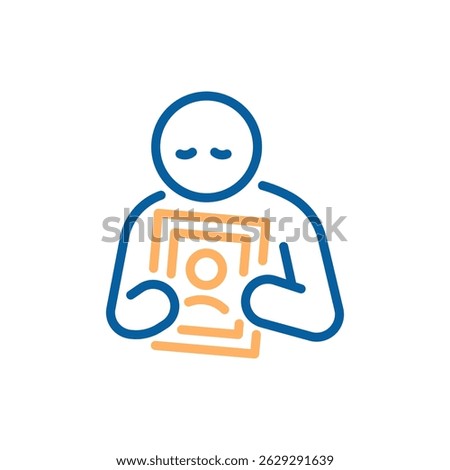 Grief and loss icon. Vector thin line illustration with editable stroke showing mourning, emotional pain and remembrance. Sad person character holding loved one photography