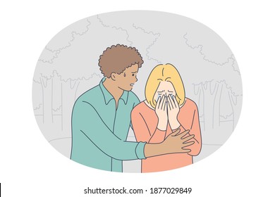 Grief, sadness, Depression concept. Young unhappy girl cartoon character standing outdoors, crying and getting support of her friend or boyfriend while feeling totally depressed vector illustration 