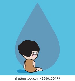 Grief Young Woman Is Sitting In Tear Drops Concept Cartoon Character illustration