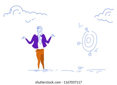 grieved businessman miss unsuccessful shot target goal business failure concept confused man sketch doodle horizontal vector illustration