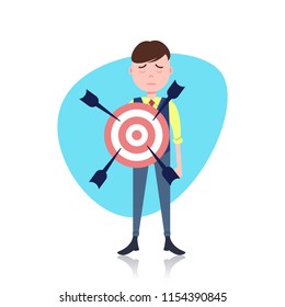 grieved man character holding target arrow goal template for design work or animation over white background full length flat vector illustration