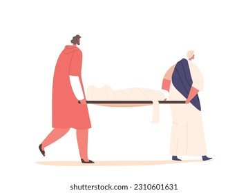 Grieving Apostle Characters Tenderly Bear The Lifeless Body Of Jesus on Stretchers Wrapped in Linen, Vector Illustration