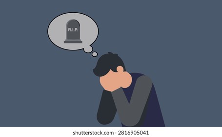 Grieving man crying with head in hands, thinking about a gravestone, depicting profound sorrow, loss, and bereavement.