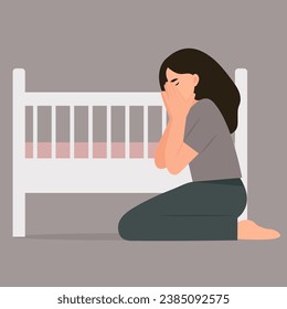 Grieving mother suffering from losing her baby.Concept of miscarriage, loss of child. Vector illustration in flat style.