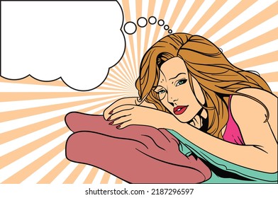 Grieving Young Woman Rests Her Head On The Pillow And Thinks With Thinking Bubble Illustration