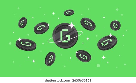 Moedas GRIFFAIN caindo do céu. Fundo de banner de conceito de criptomoeda GRIFFAIN.