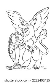 Griffin and Delicacy coloring page. Children's vector illustration. Alice in wonderland tale