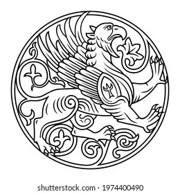 Griffin depicted in a ring. Heraldic symbol, stamp. Vector clipart. All parts are available for coloring.