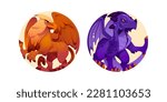 Griffin and dragon cartoon vector icon set. Gryphon beast game character illustration on round background. Medieval fantasy animal with claw for profile avatar. Mythical creature clipart collection