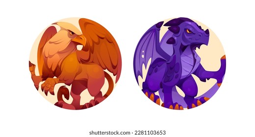 Griffin and dragon cartoon vector icon set. Gryphon beast game character illustration on round background. Medieval fantasy animal with claw for profile avatar. Mythical creature clipart collection - Shutterstock ID 2281103653