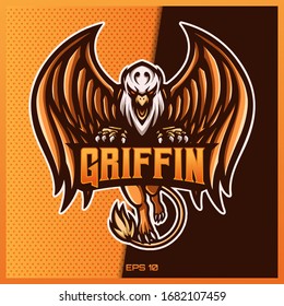 Griffin Eagle esport and sport mascot logo design in modern illustration concept for team badge, emblem and thirst printing. Griffin Eagle illustration on Yellow Gold Background. Vector illustration