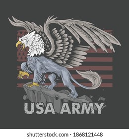 The griffin eagle has the body of a lion with large wings as the symbol of the American Army, vector with editable layers