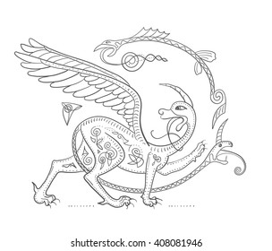 Griffin fantasy monster creature. Medieval style illustration circle decorative composition