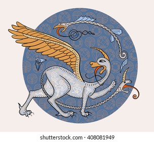 Griffin fantasy monster creature. Medieval style illustration circle decorative composition