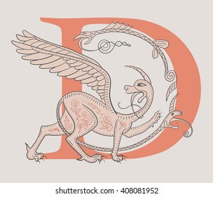 Griffin fantasy monster creature. Medieval style illustration circle decorative composition