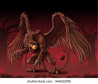 Griffin in forest. 

Griffin a mythological monster in mystery dark forest.