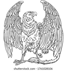 Griffin, griffon, or gryphon. A mythical beast having the body of a lion and the wings and head of an eagle. Sitting pose, front view. Black and white outline vector illustration