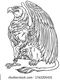 Griffin, griffon, or gryphon. A mythical beast having the body of a lion and the wings and head of an eagle. Sitting pose, side view. Black and white outline vector illustration