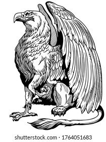 Griffin, griffon, or gryphon. A mythical beast having the body of a lion and the wings and head of an eagle. Sitting pose, side view. Black and white vector illustration