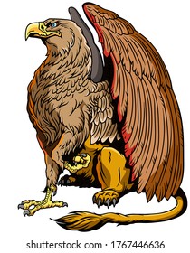 Griffin, griffon, or gryphon. A mythical beast having the body of a lion and the wings and head of an eagle. Sitting pose, side view. Vector illustration