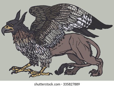 Griffin, griffon, or gryphon, vector illustration, hawk color palette.