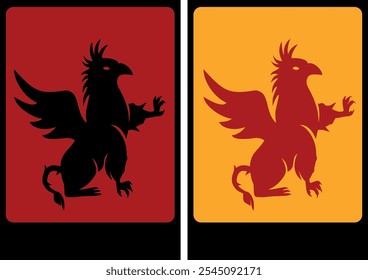 Griffin gryphon: eagle crossed with lion logo. Silhouette illustration, art, outline. Mythological creature. Vector isolated on bicolor background.