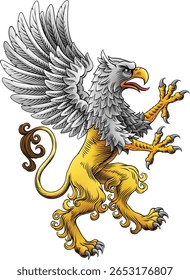 Grifo ou grifo heráldica brasão de armas ou crista familiar escudo medieval estilo heráldico animal. Em um estilo de xilogravura vintage.