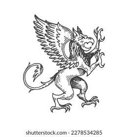 Griffin or gryphon medieval heraldic animal sketch. Fantasy gryphon, mythical animal or magic beast history crest, hand drawn vector sign. Mythology creature medieval coat of arms, heraldry insignia