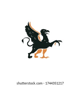 Griffin heraldic symbol. Heraldic griffin passant of the family crest. Vintage mythical animal with body of a lion, an eagle head vector emblem. Black silhouette logo design, engraving, retro style.