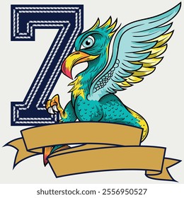 Griffin illustration with vibrant colors with heraldic style of coat of arms numbers and patches of institutions or schools along with numbers, modern art.