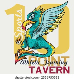 Griffin illustration with vibrant colors with heraldic style of coat of arms numbers and patches of institutions or schools along with numbers, modern art.