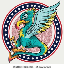 Griffin illustration with vibrant colors with heraldic style of coat of arms numbers and patches of institutions or schools along with numbers, modern art.