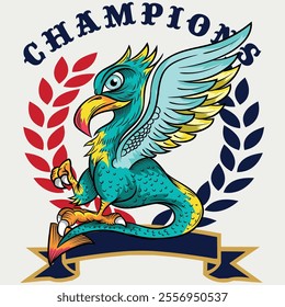 Griffin illustration with vibrant colors with heraldic style of coat of arms numbers and patches of institutions or schools along with numbers, modern art.