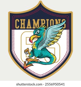 Griffin illustration with vibrant colors with heraldic style of coat of arms numbers and patches of institutions or schools along with numbers, modern art.