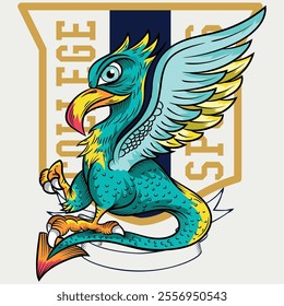 Griffin illustration with vibrant colors with heraldic style of coat of arms numbers and patches of institutions or schools along with numbers, modern art.