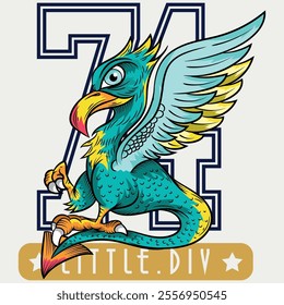 Griffin illustration with vibrant colors with heraldic style of coat of arms numbers and patches of institutions or schools along with numbers, modern art.