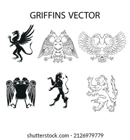 A griffin is also known as a griffin or griffon with lion body, Hand drawn illustration in the engraving style